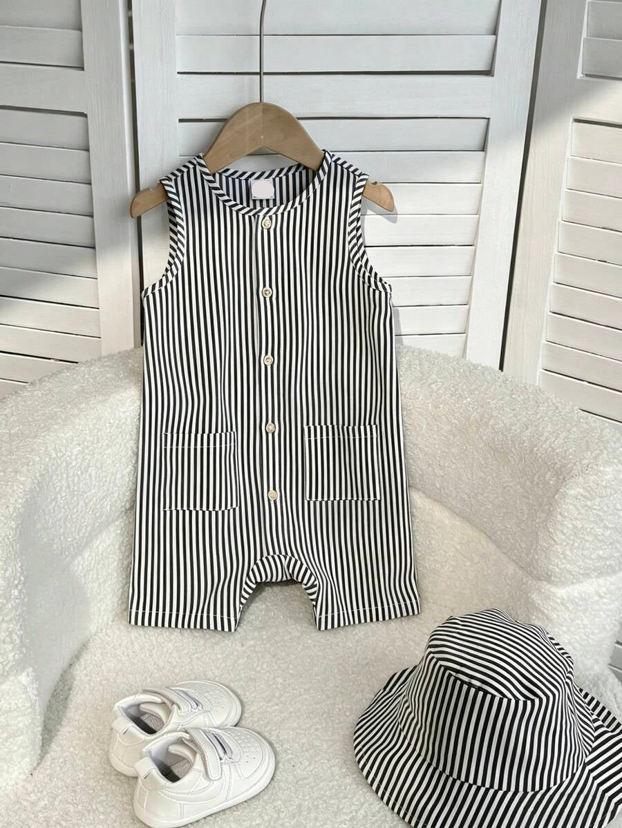 Baby Boy White Sleeveless Romper with Pockets Casual Short Jumpsuit for Everyday Wear