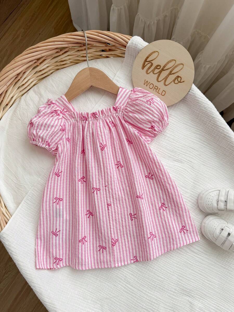 Baby Girl Plaid Bow Detail Short Sleeve Dress Cute Summer Vacation Outfit