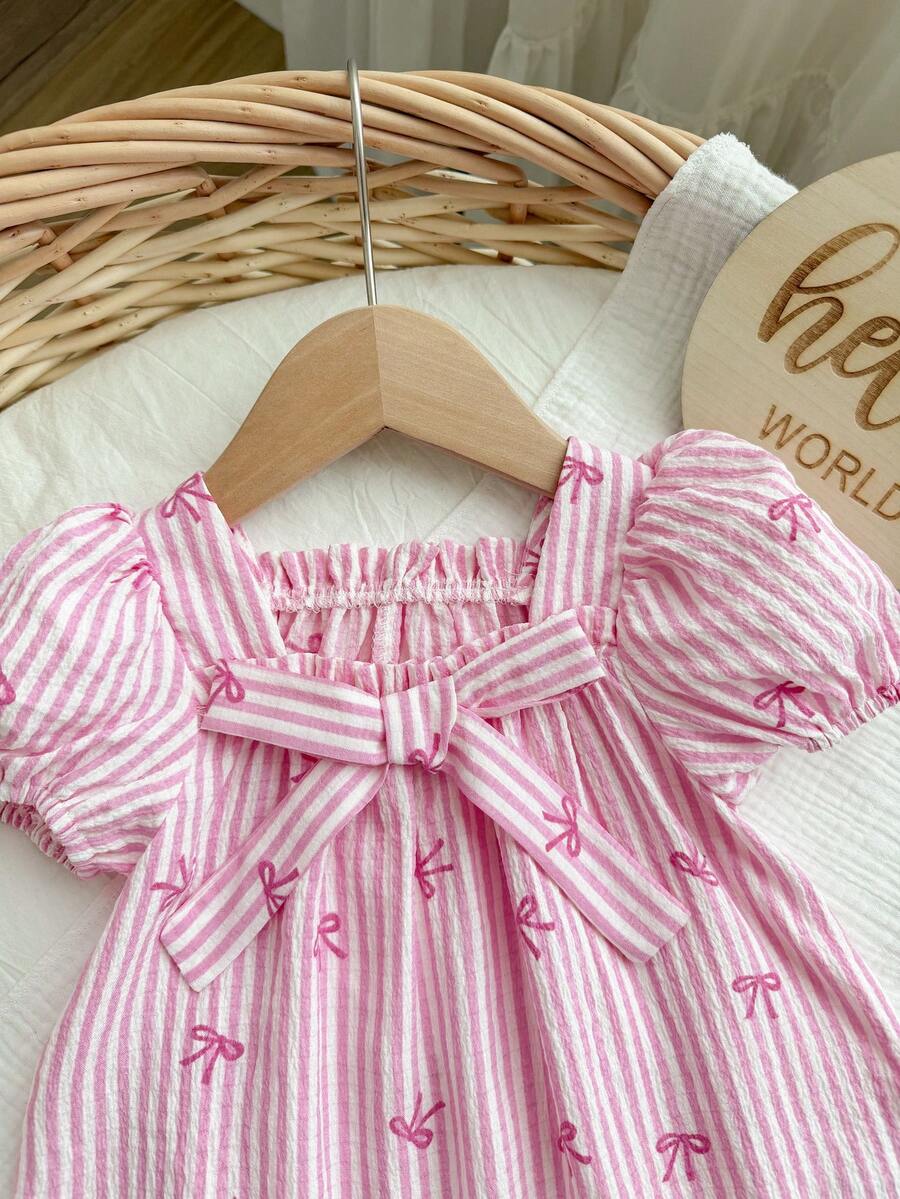 Baby Girl Plaid Bow Detail Short Sleeve Dress Cute Summer Vacation Outfit
