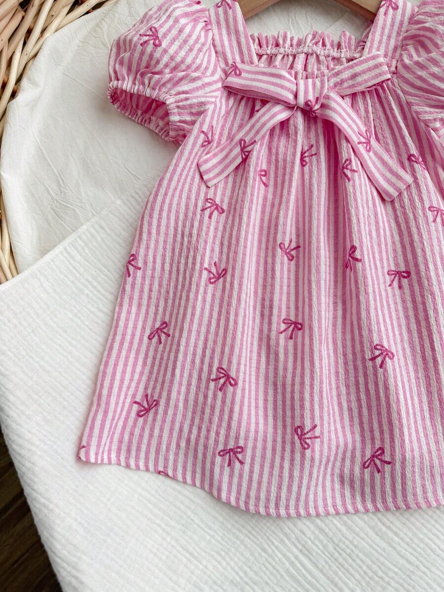 Baby Girl Plaid Bow Detail Short Sleeve Dress Cute Summer Vacation Outfit