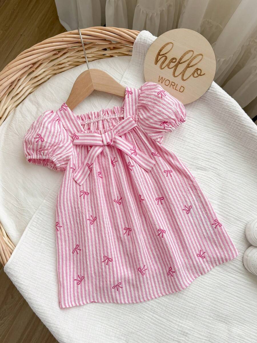 Baby Girl Plaid Bow Detail Short Sleeve Dress Cute Summer Vacation Outfit