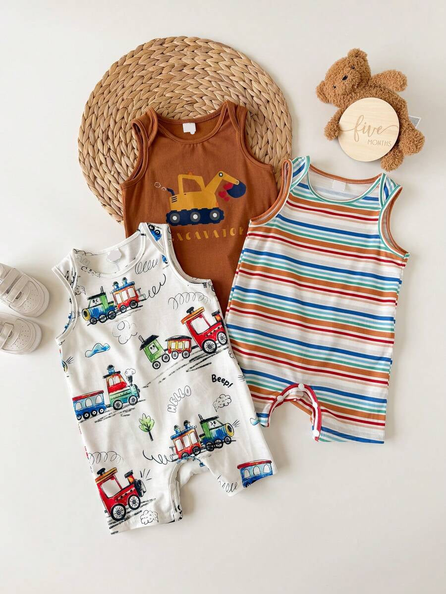 Unisex Newborn Baby Cartoon and Stripe Print Romper 3 Piece Summer Outfit Set