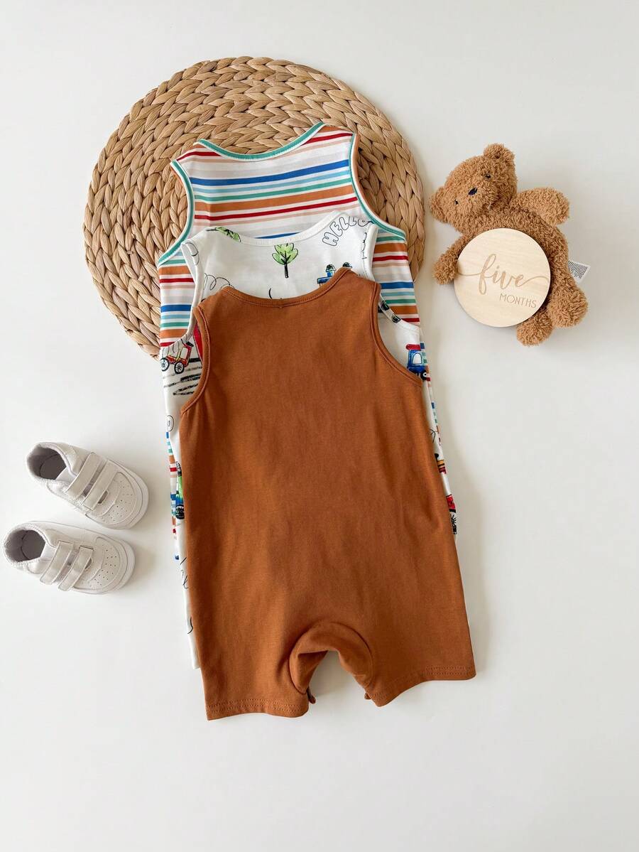 Unisex Newborn Baby Cartoon and Stripe Print Romper 3 Piece Summer Outfit Set
