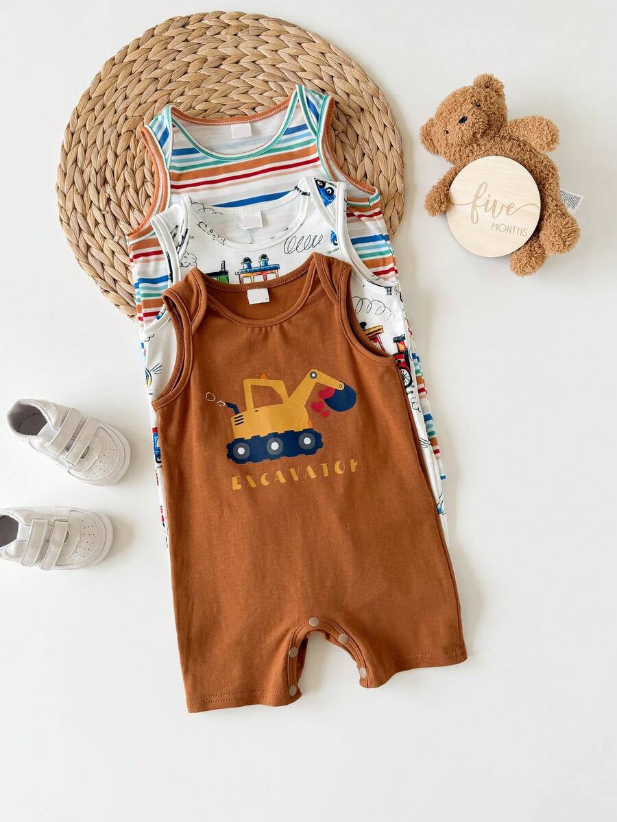 Unisex Newborn Baby Cartoon and Stripe Print Romper 3 Piece Summer Outfit Set
