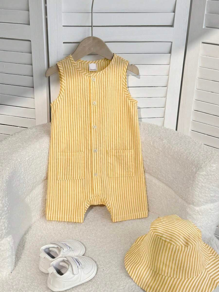Baby Boy White Sleeveless Romper with Pockets Casual Short Jumpsuit for Everyday Wear