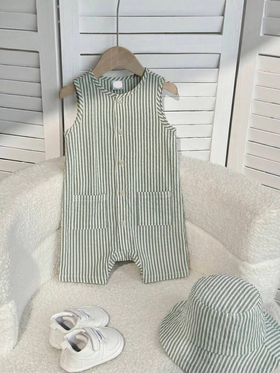 Baby Boy White Sleeveless Romper with Pockets Casual Short Jumpsuit for Everyday Wear