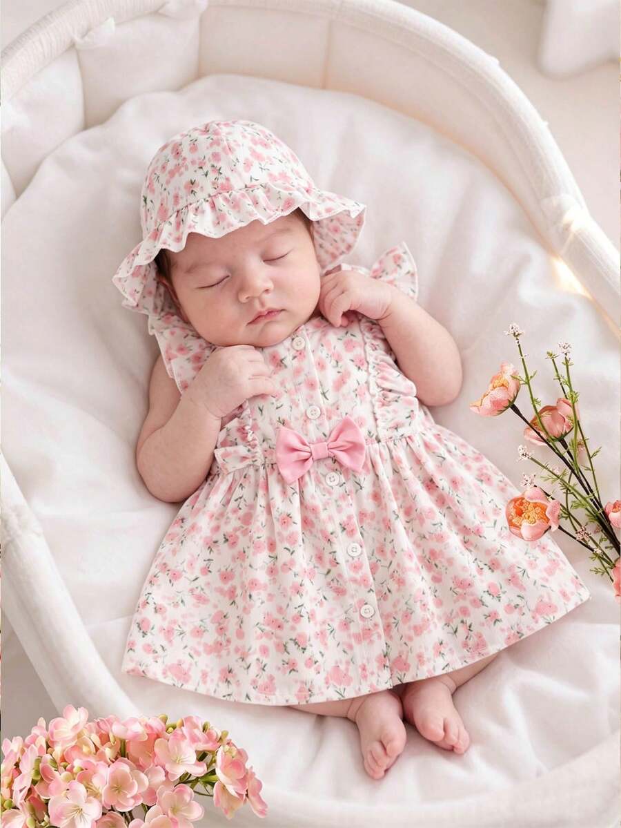 Baby Cherry Print Sleeveless Dress and Red Hat Set for Cute Summer Outings