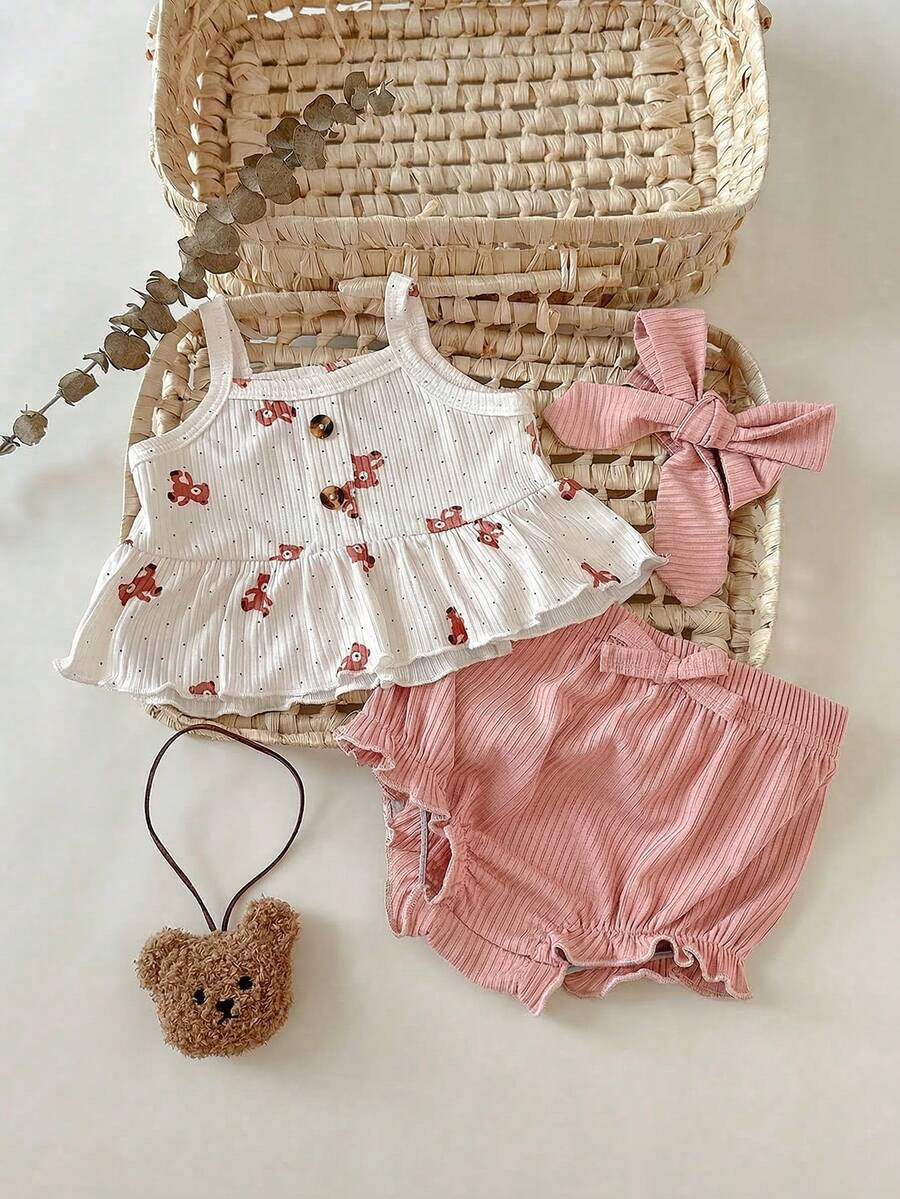 2PCS Baby Heart Print Rib Knit Top and Shorts Set for Cute Summer Daily Wear