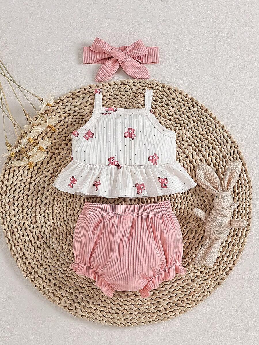 2PCS Baby Heart Print Rib Knit Top and Shorts Set for Cute Summer Daily Wear