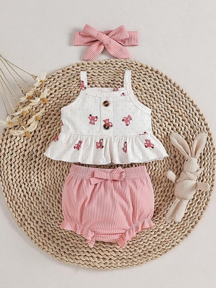 Baby Girl Heart Print Camisole Top and Shorts Set for Cute Summer Daily Wear