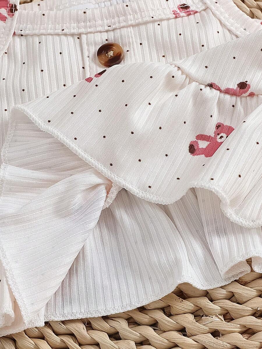 2PCS Baby Heart Print Rib Knit Top and Shorts Set for Cute Summer Daily Wear
