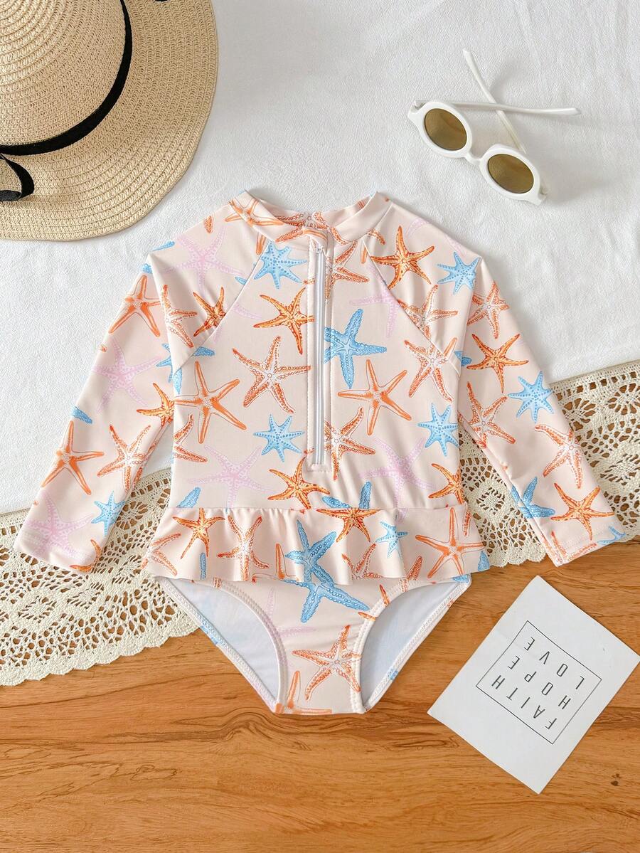 Leopard Print One Piece Swimsuit For Baby Girls With Ruffle Trim Beachwear