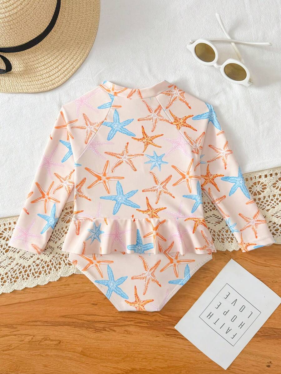 Leopard Print One Piece Swimsuit For Baby Girls With Ruffle Trim Beachwear