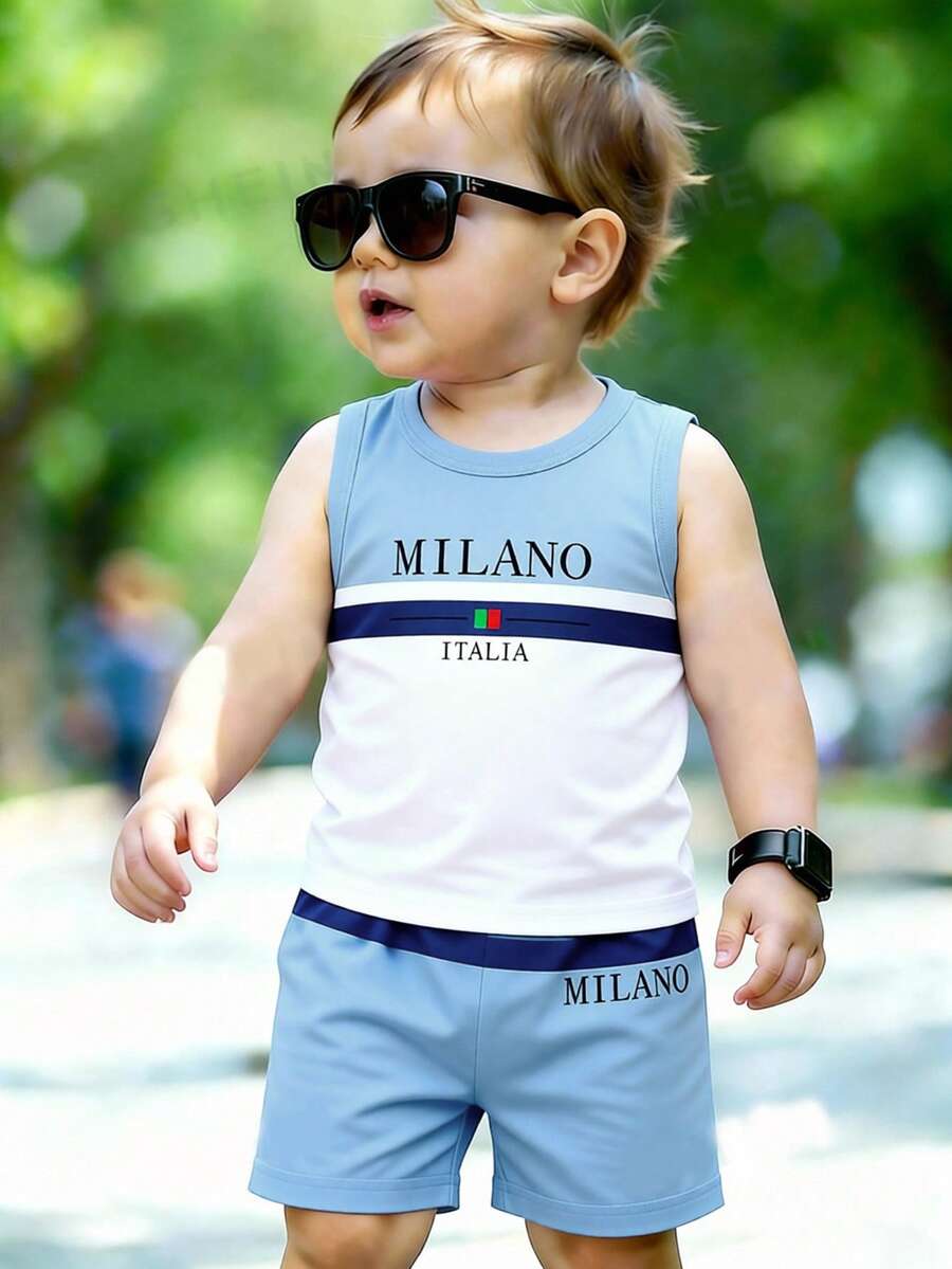 Baby Boy Gradient Logo Print Tank Top and Shorts 2 Piece Casual Summer Outfit Set