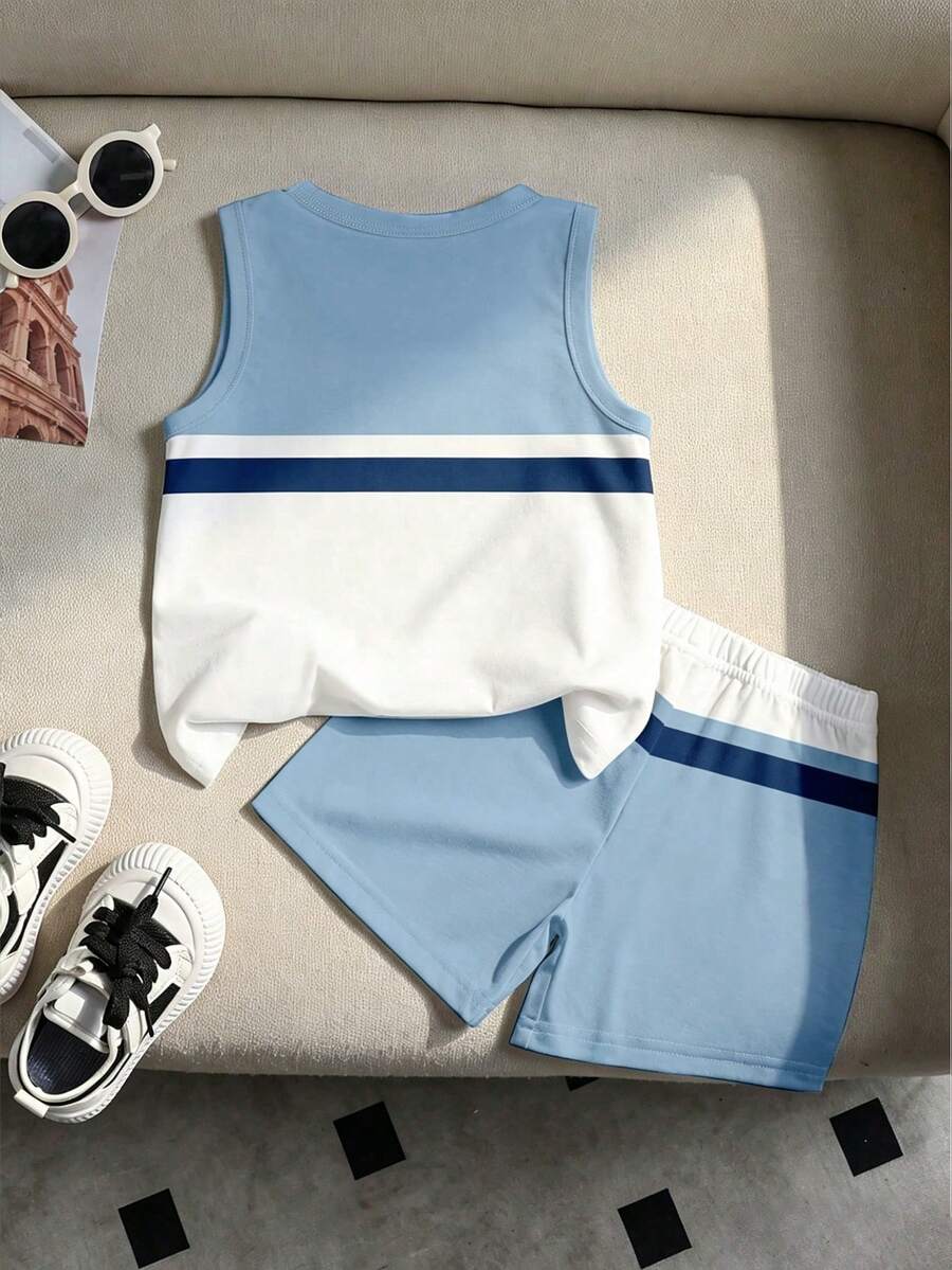 Baby Boy Gradient Logo Print Tank Top and Shorts 2 Piece Casual Summer Outfit Set