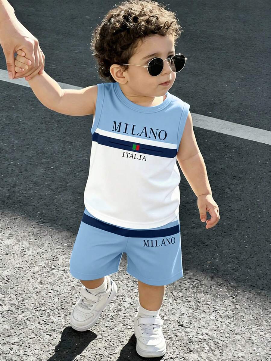 Baby Boy Gradient Logo Print Tank Top and Shorts 2 Piece Casual Summer Outfit Set