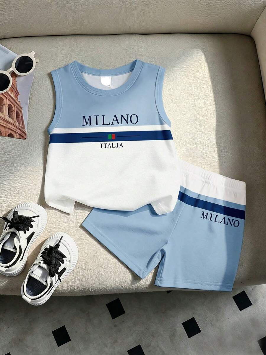 Baby Boy Gradient Logo Print Tank Top and Shorts 2 Piece Casual Summer Outfit Set