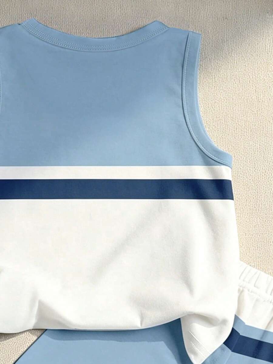 Baby Boy Gradient Logo Print Tank Top and Shorts 2 Piece Casual Summer Outfit Set