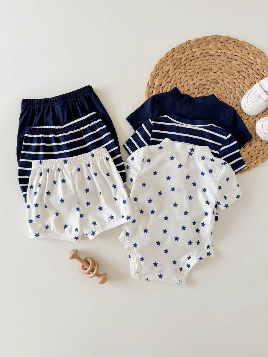 Striped Bodysuit and Shorts 4 Piece Outfit Set for Cute Summer Daily Wear