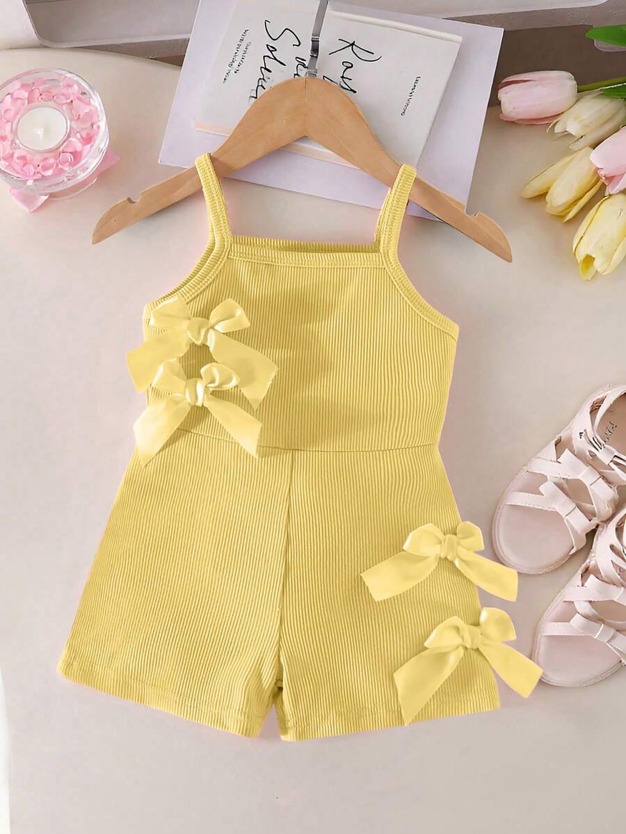 Cute Baby Girl Sleeveless Ribbed Short Jumpsuit With Bow Detail Casual Summer Wear