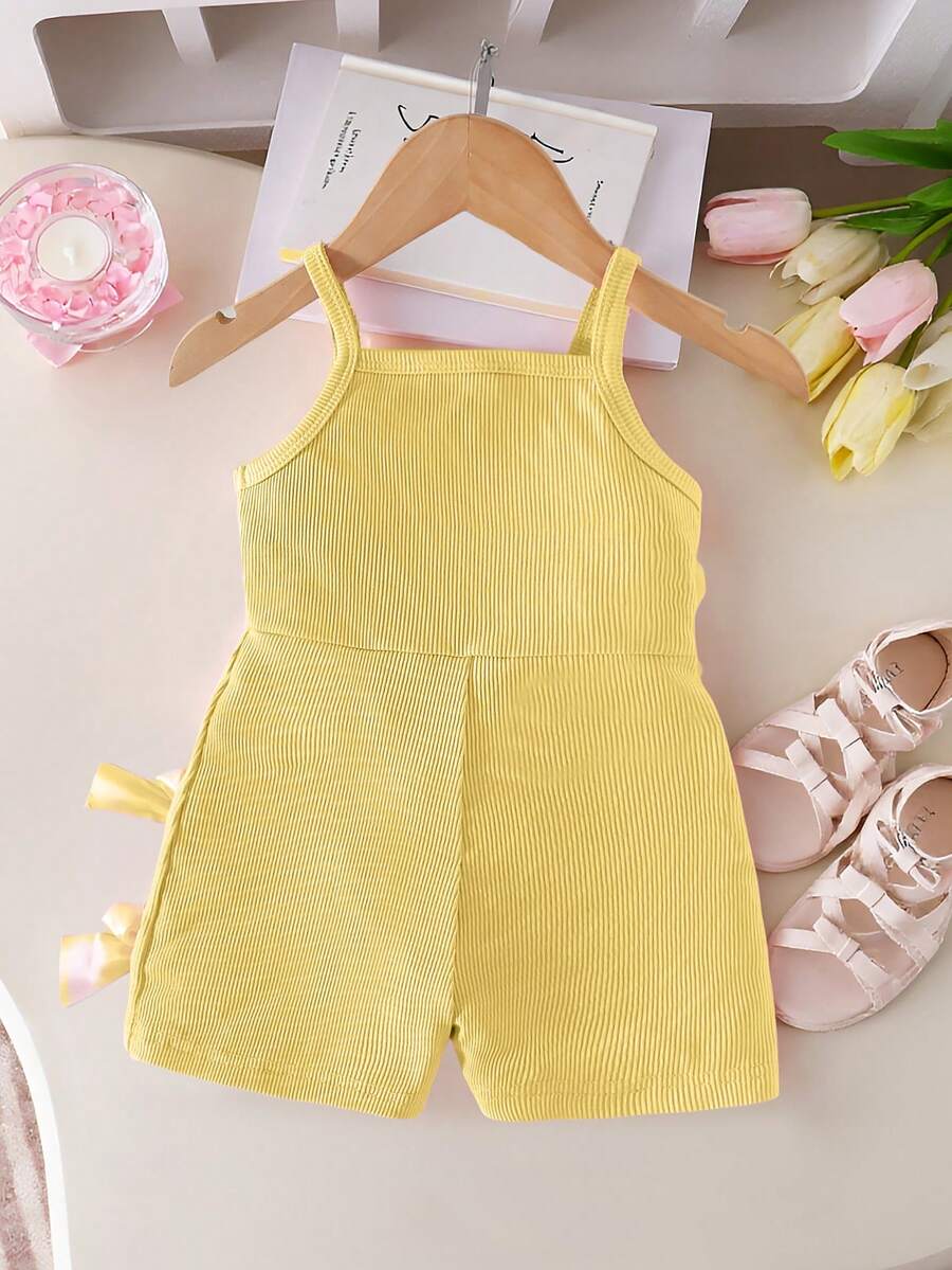 Cute Baby Girl Sleeveless Ribbed Short Jumpsuit With Bow Detail Casual Summer Wear