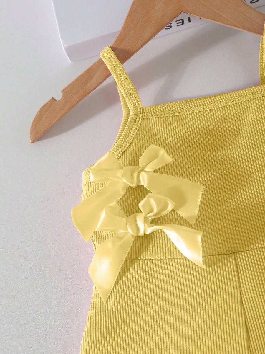 Cute Baby Girl Sleeveless Ribbed Short Jumpsuit With Bow Detail Casual Summer Wear