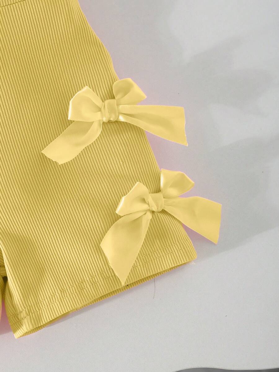 Cute Baby Girl Sleeveless Ribbed Short Jumpsuit With Bow Detail Casual Summer Wear