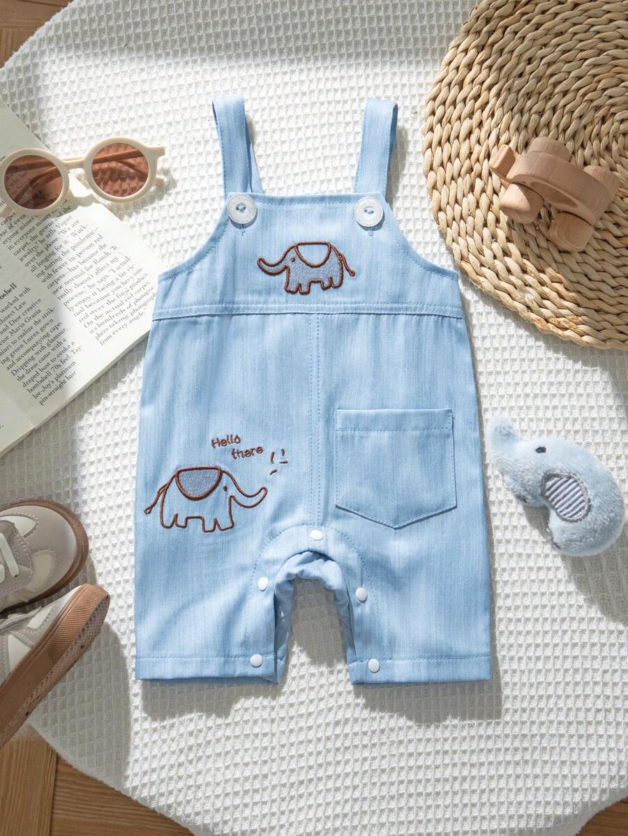 Playful Pals Baby Boy Bear Embroidery Romper - Summer Casual Pocket Jumpsuit