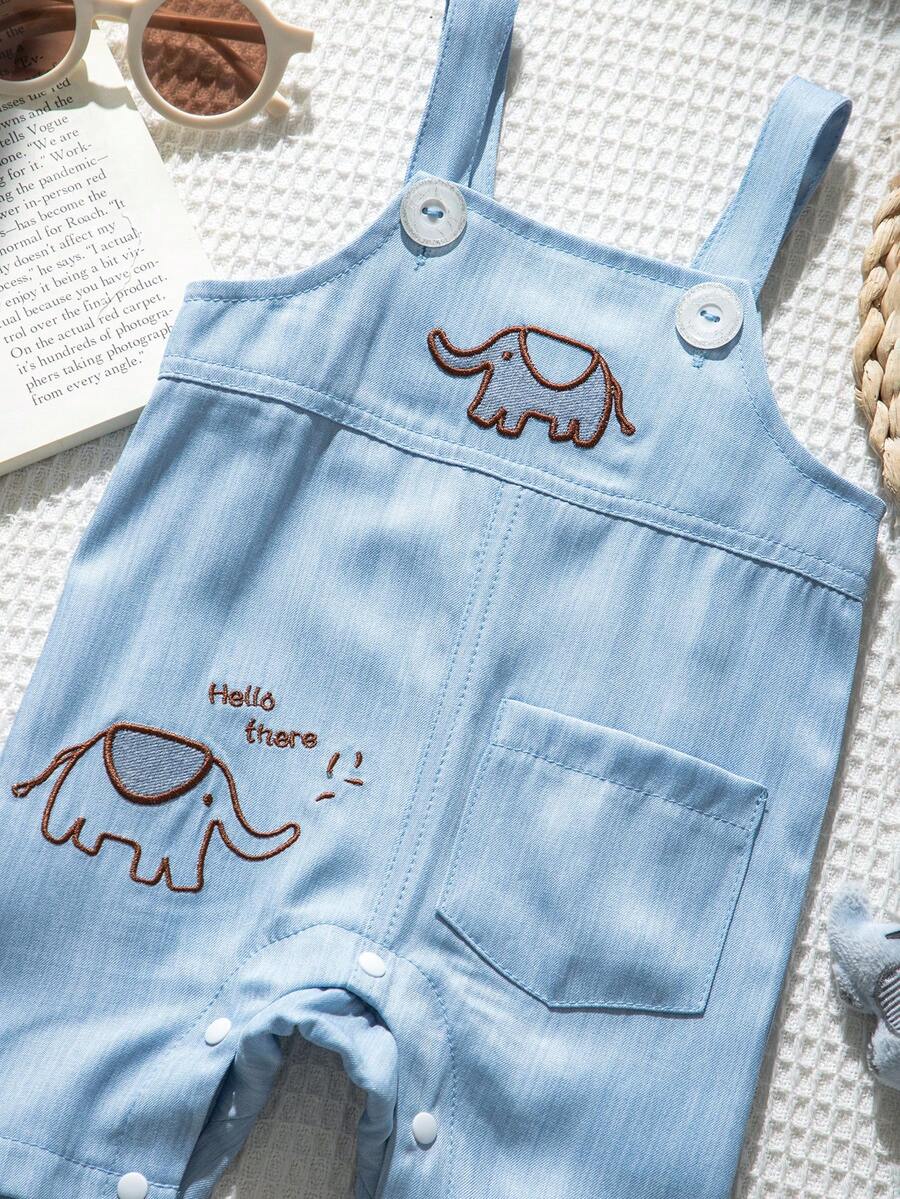 Playful Pals Baby Boy Bear Embroidery Romper - Summer Casual Pocket Jumpsuit