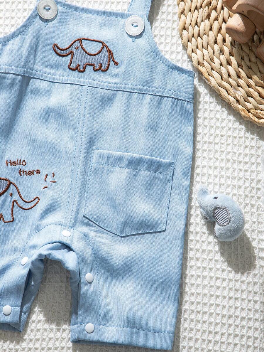 Playful Pals Baby Boy Bear Embroidery Romper - Summer Casual Pocket Jumpsuit