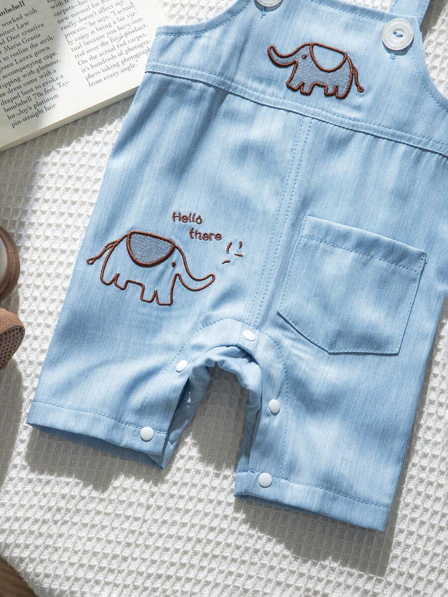 Playful Pals Baby Boy Bear Embroidery Romper - Summer Casual Pocket Jumpsuit