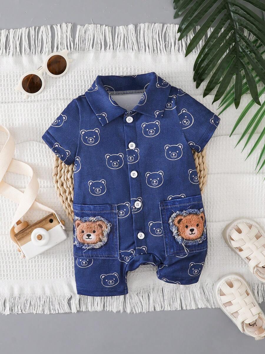 Baby Boy Cartoon Pattern Denim Effect Printed Short Sleeve Jumpsuit Casual Summer Outfit