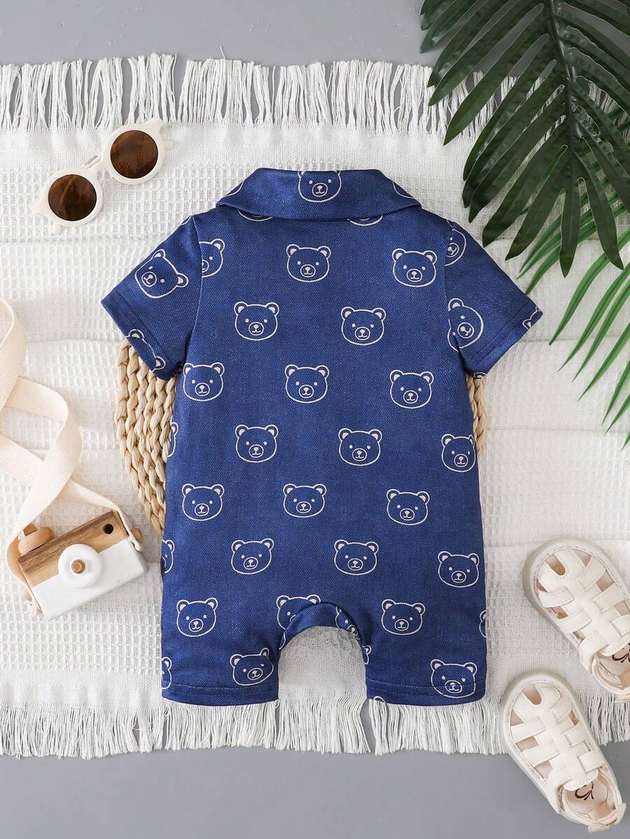 Baby Boy Cartoon Pattern Denim Effect Printed Short Sleeve Jumpsuit Casual Summer Outfit