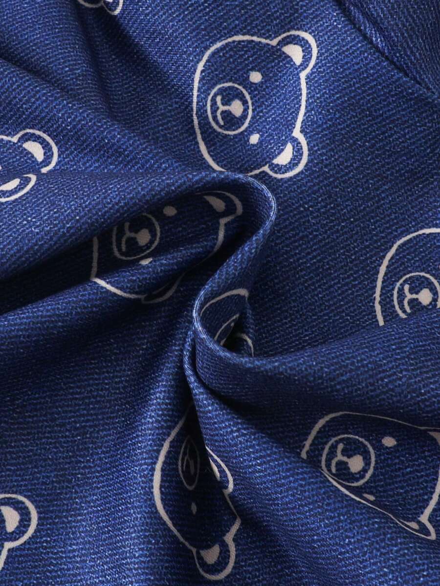 Baby Boy Cartoon Pattern Denim Effect Printed Short Sleeve Jumpsuit Casual Summer Outfit