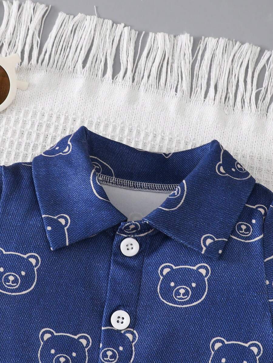 Baby Boy Cartoon Pattern Denim Effect Printed Short Sleeve Jumpsuit Casual Summer Outfit