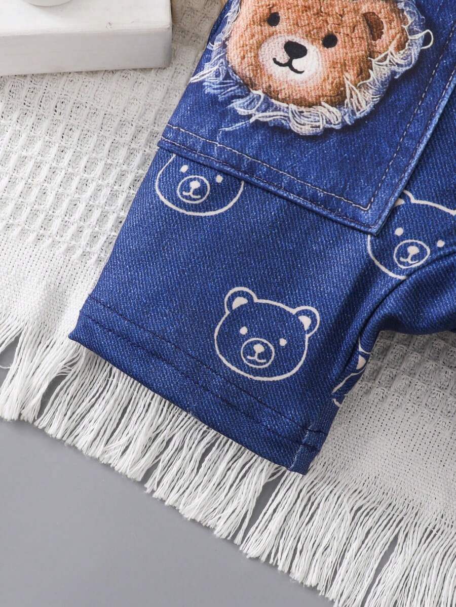 Baby Boy Cartoon Pattern Denim Effect Printed Short Sleeve Jumpsuit Casual Summer Outfit