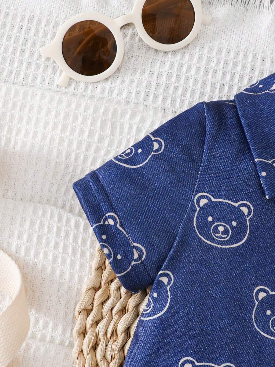 Baby Boy Cartoon Pattern Denim Effect Printed Short Sleeve Jumpsuit Casual Summer Outfit