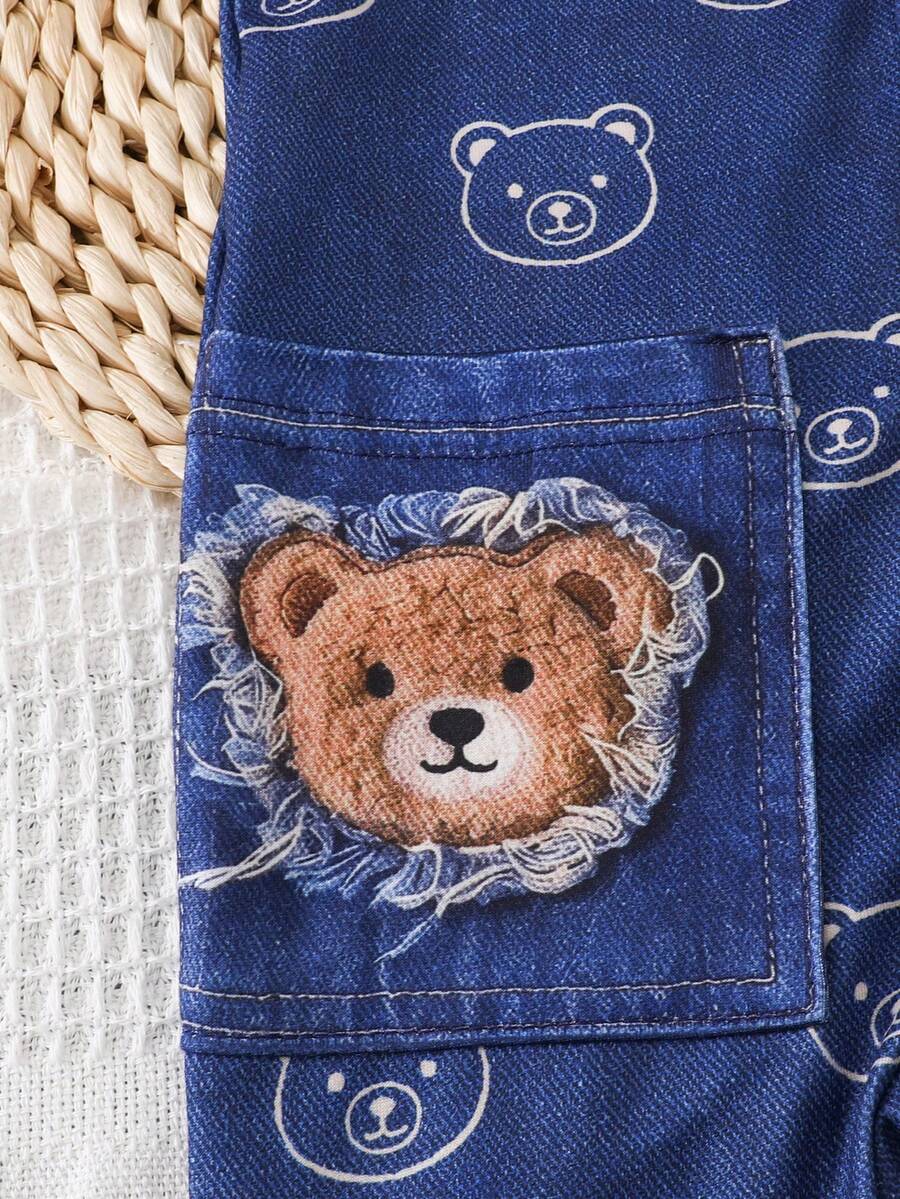 Baby Boy Cartoon Pattern Denim Effect Printed Short Sleeve Jumpsuit Casual Summer Outfit