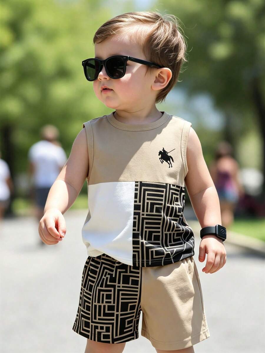 Baby Boy Gradient Logo Print Tank Top and Shorts 2 Piece Casual Summer Outfit Set