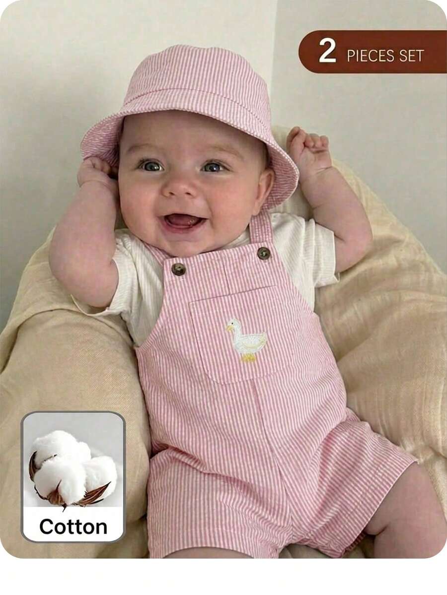 2PCS Baby Duck Striped Sleeveless Romper and Hat Set for Cute Summer Daily Wear