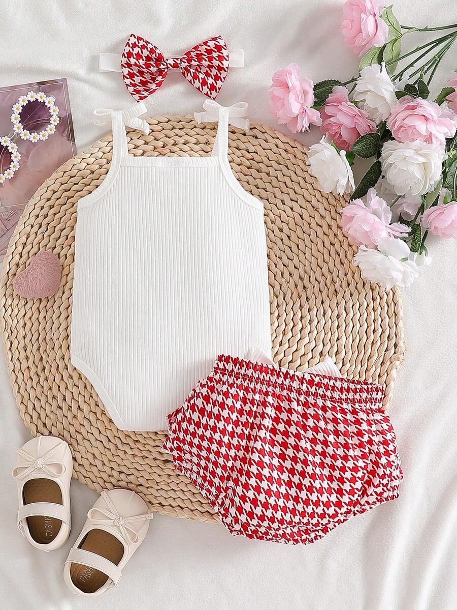 3pcs Baby Girl Summer Outfit Set With Suspender Top Bloomers And Headband