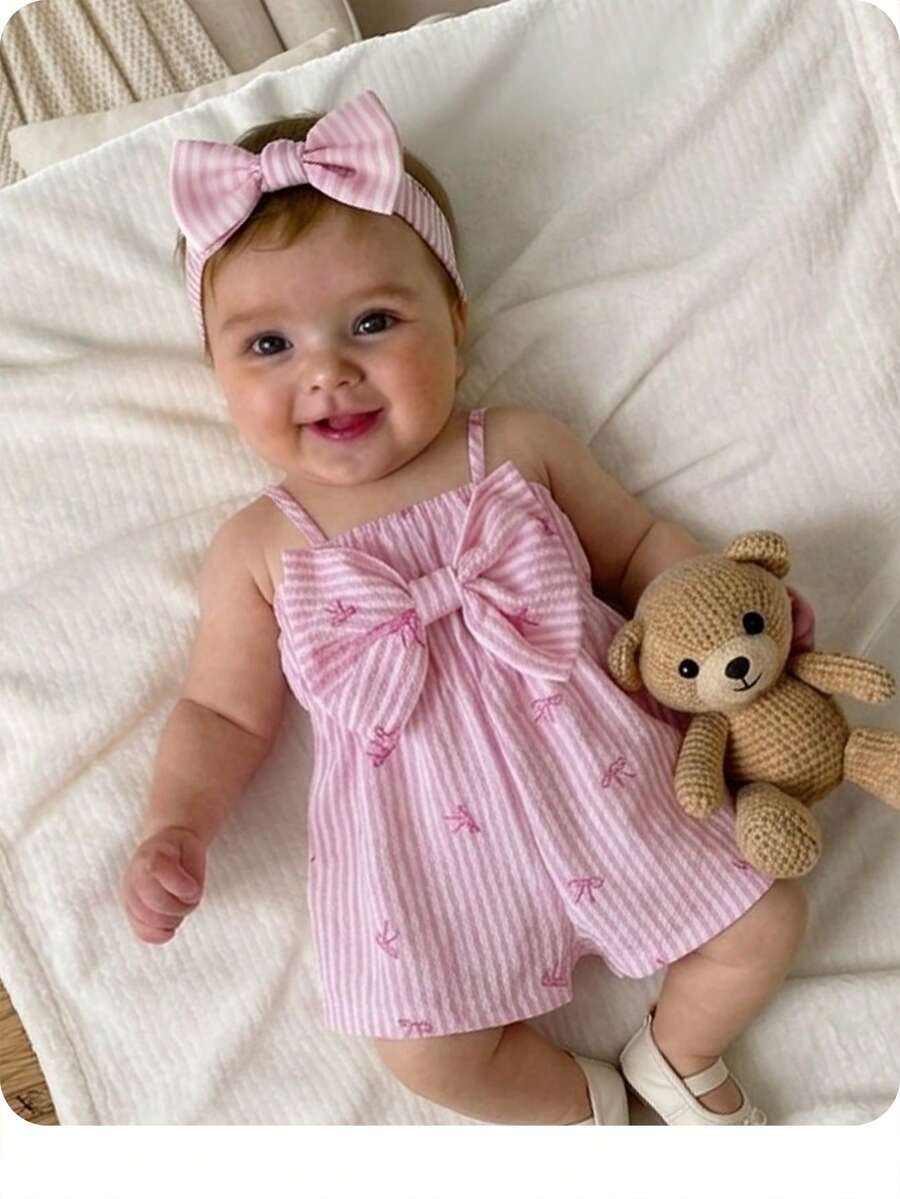 Baby Pink Striped Bow Strap Romper for Cute Summer Vacation Daily Wear