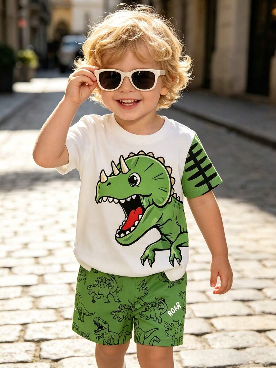 Baby Boy Blue Dinosaur Print T Shirt and Matching Shorts Summer Outfit Set