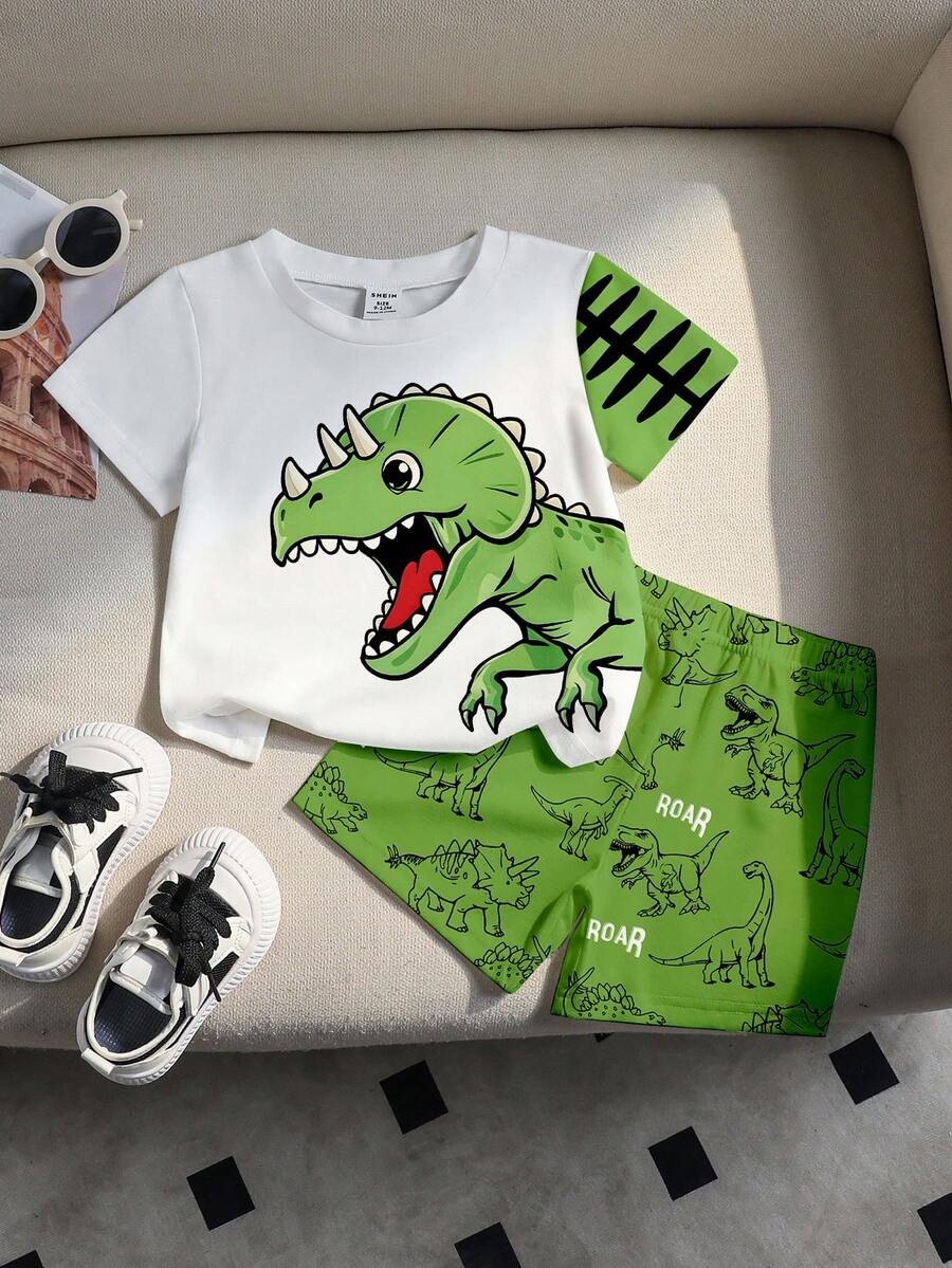 Baby Boy Blue Dinosaur Print T Shirt and Matching Shorts Summer Outfit Set