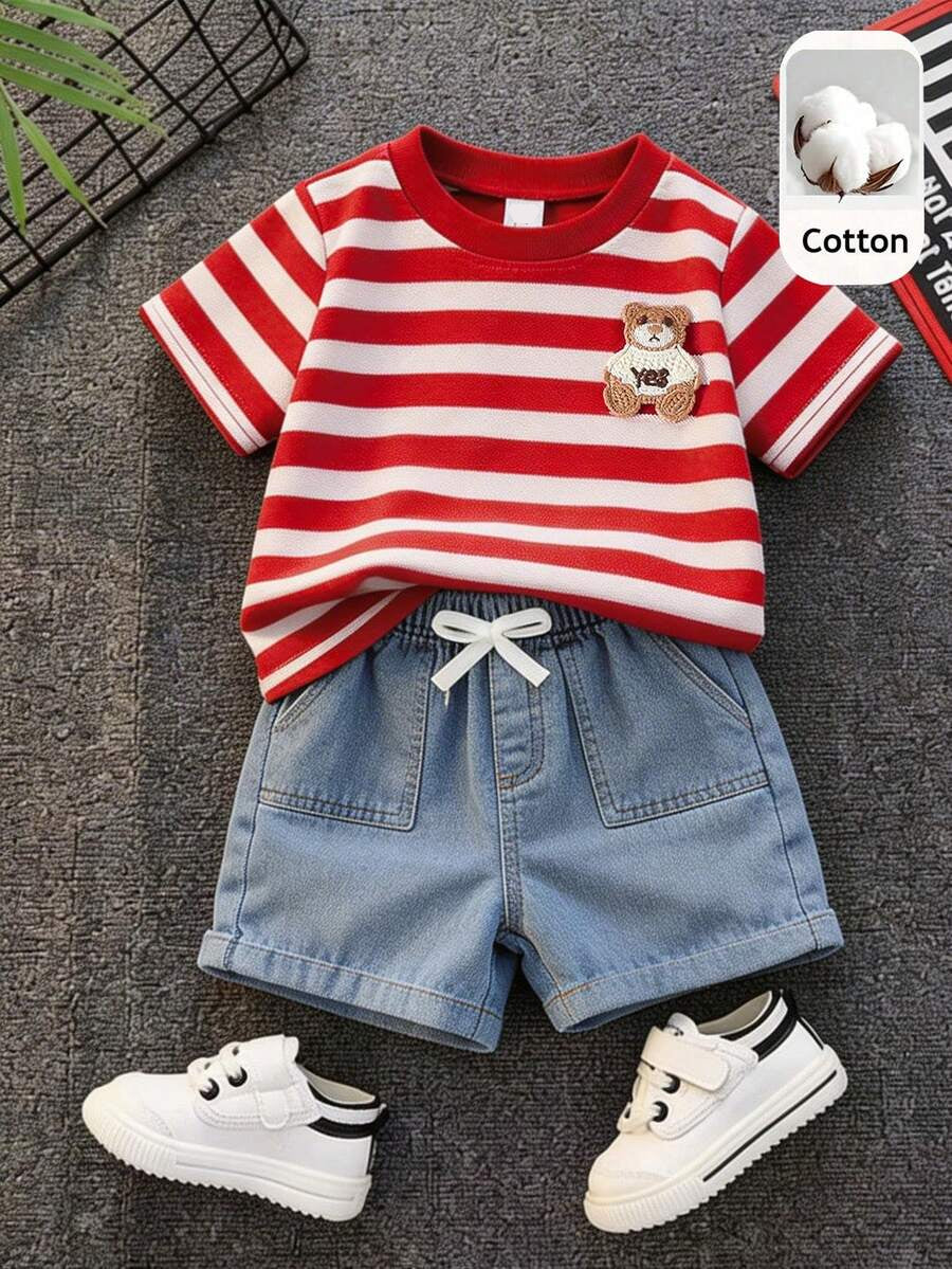 Baby Boy Black and White Striped T Shirt and Denim Shorts 2 Piece Casual Spring Summer Outfit Set