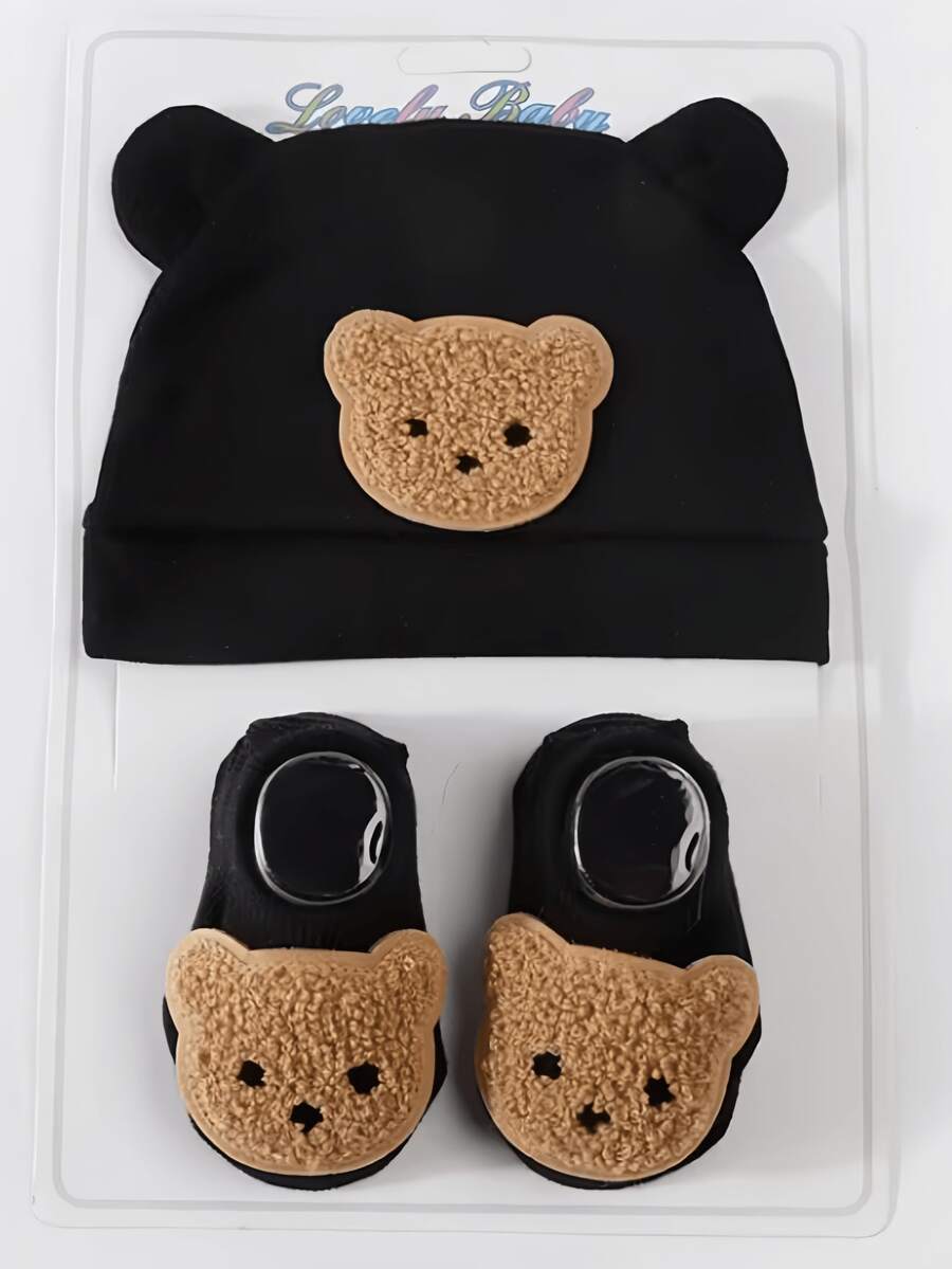 2pcs Bear Ear Beanie Hat and Mittens for Cute Warm Daily Wear