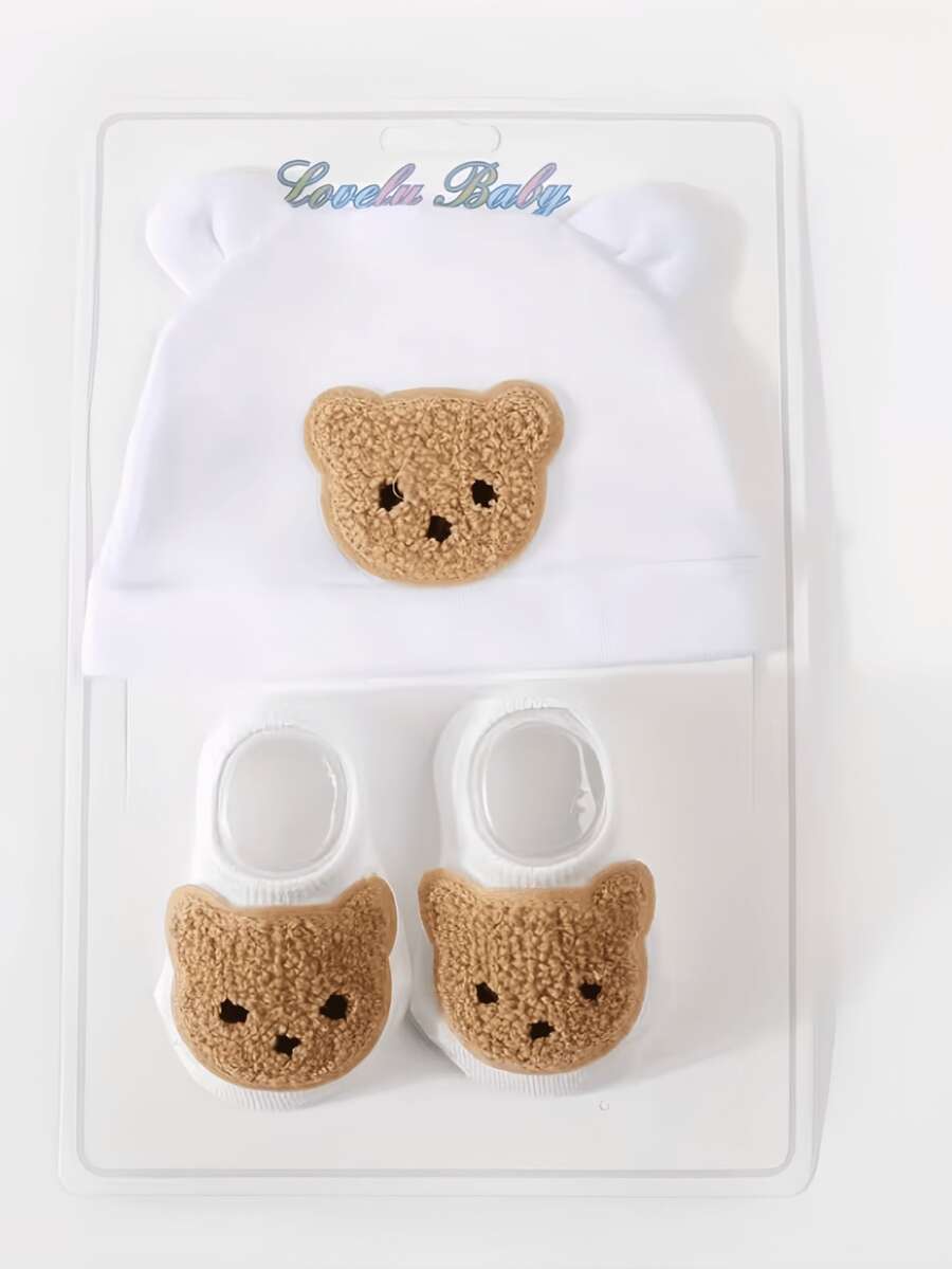 2pcs Bear Ear Beanie Hat and Mittens for Cute Warm Daily Wear