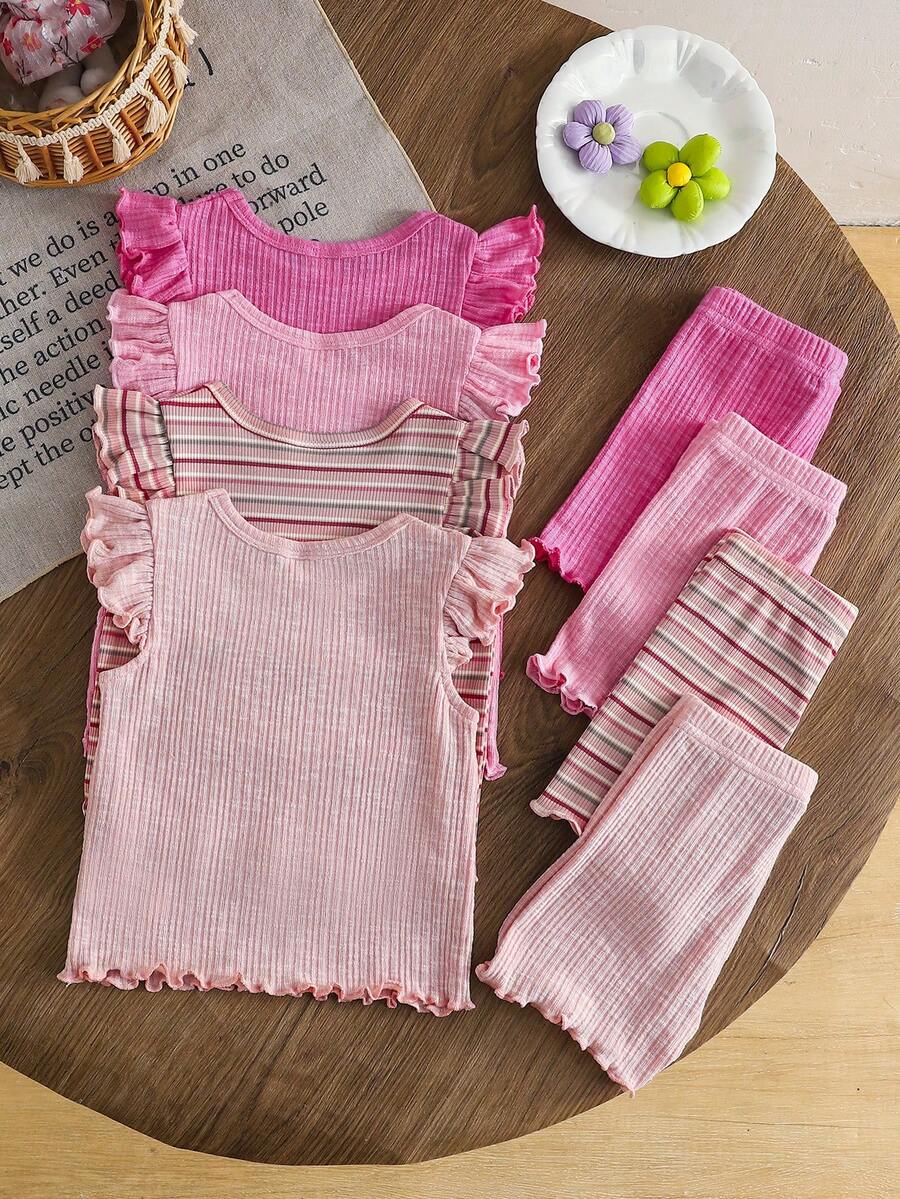 8-Piece Multi-Color Ribbed Short Sleeve Top and Shorts Set for Baby Girls