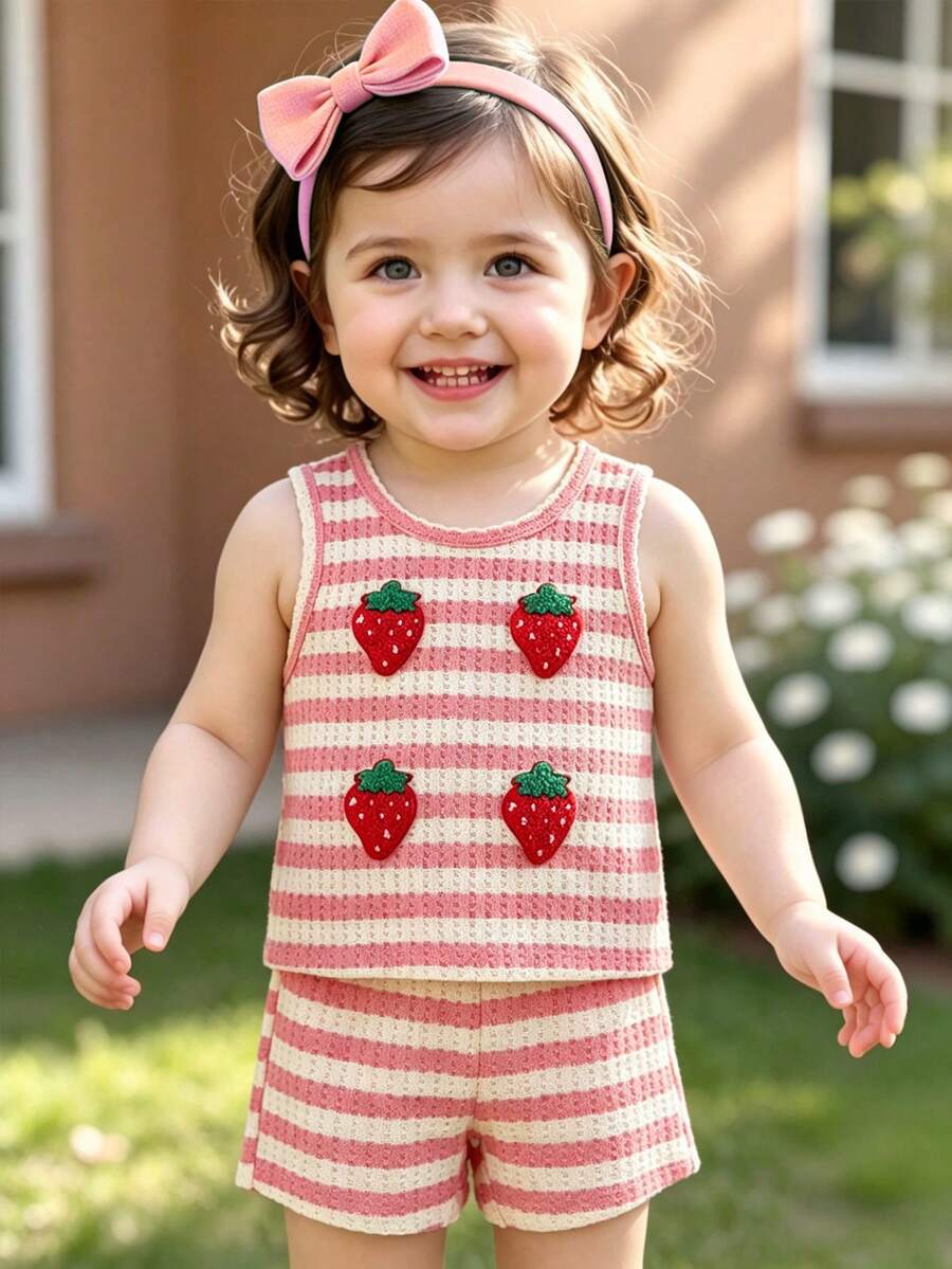 Sweet Style Strawberry Print Top & Shorts 2-Piece Set for Toddler Girls