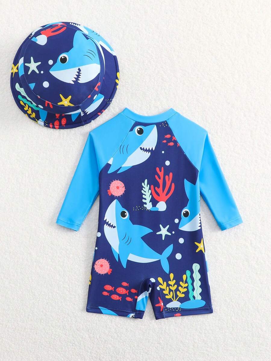 Baby Shark & Whale Print Long Sleeve Zipper Rash Guard Swimsuit with Matching Hat